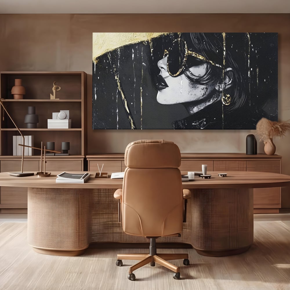 Tablou canvas cu tablou canvas cu femeie in ploaie stilizata, fara rama, pe sasiu de lemn, pe perete intr-un birou